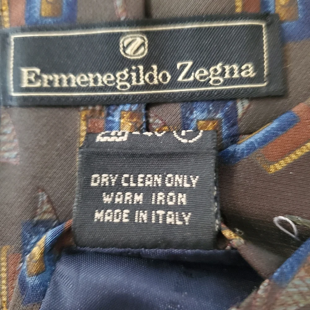 ERMINEGILDO ZEGNA Silk Wool Blend Neck Tie Leaf Geo Tan Gold Blue Green Italy